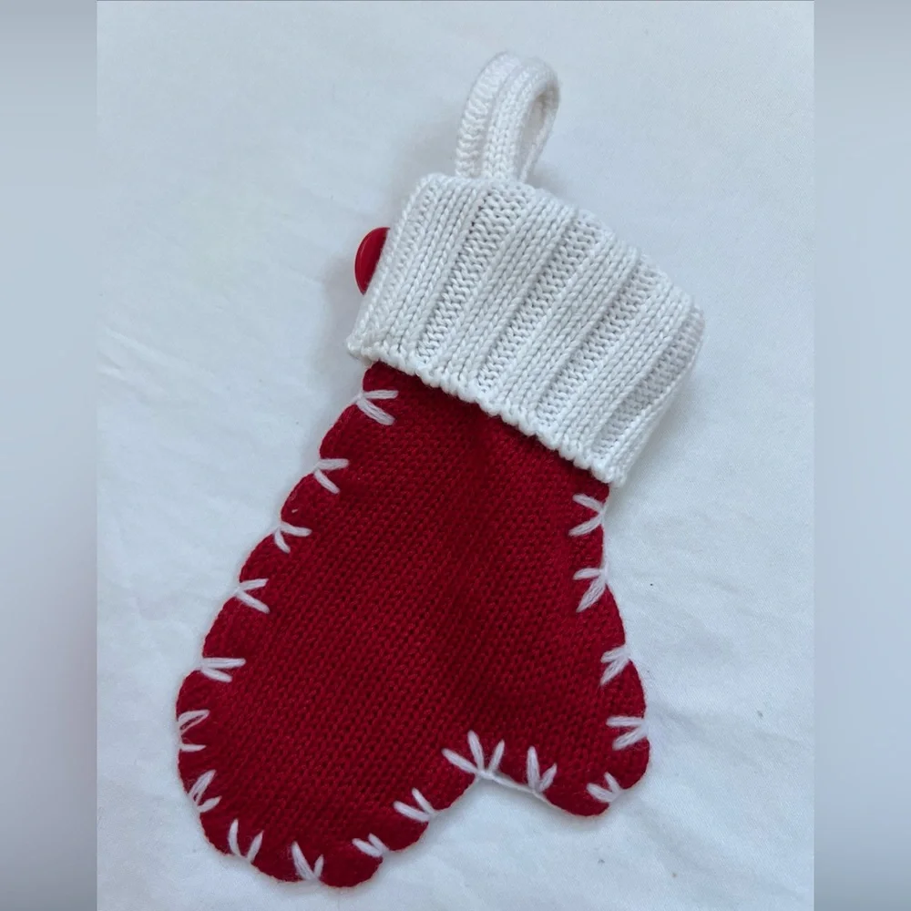 Christmas Mittens Ornaments (2) 1 Knit + 1 Stone Clay Hanging Decorated Vintage